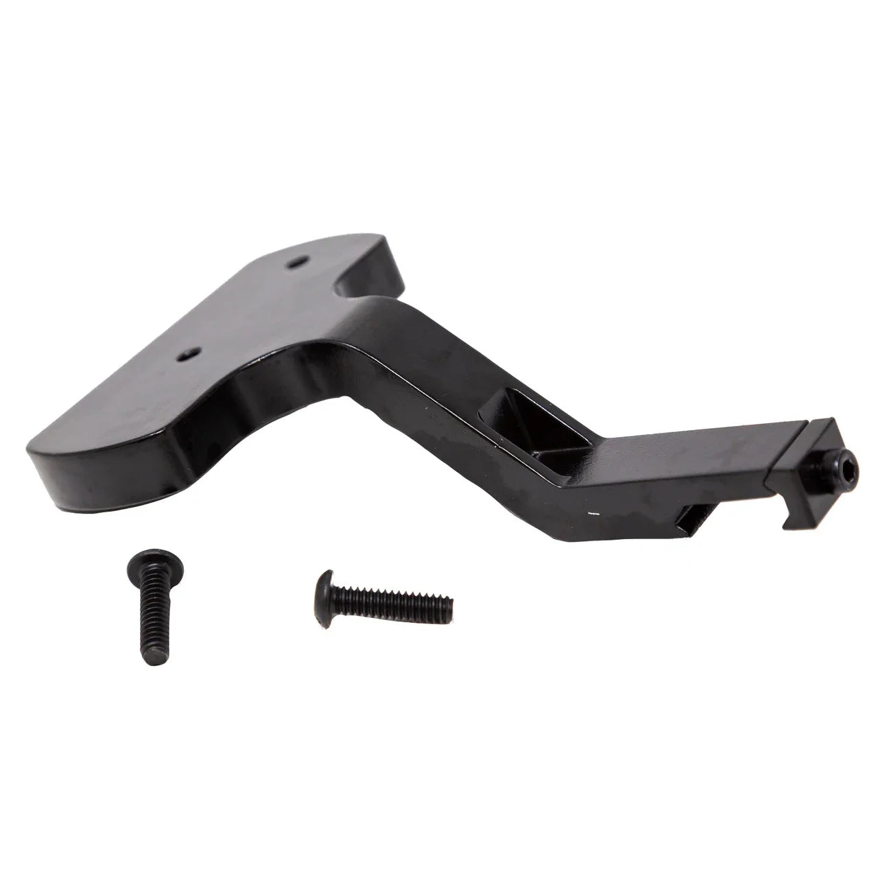 Black metal mounting bracket with two screws on white background