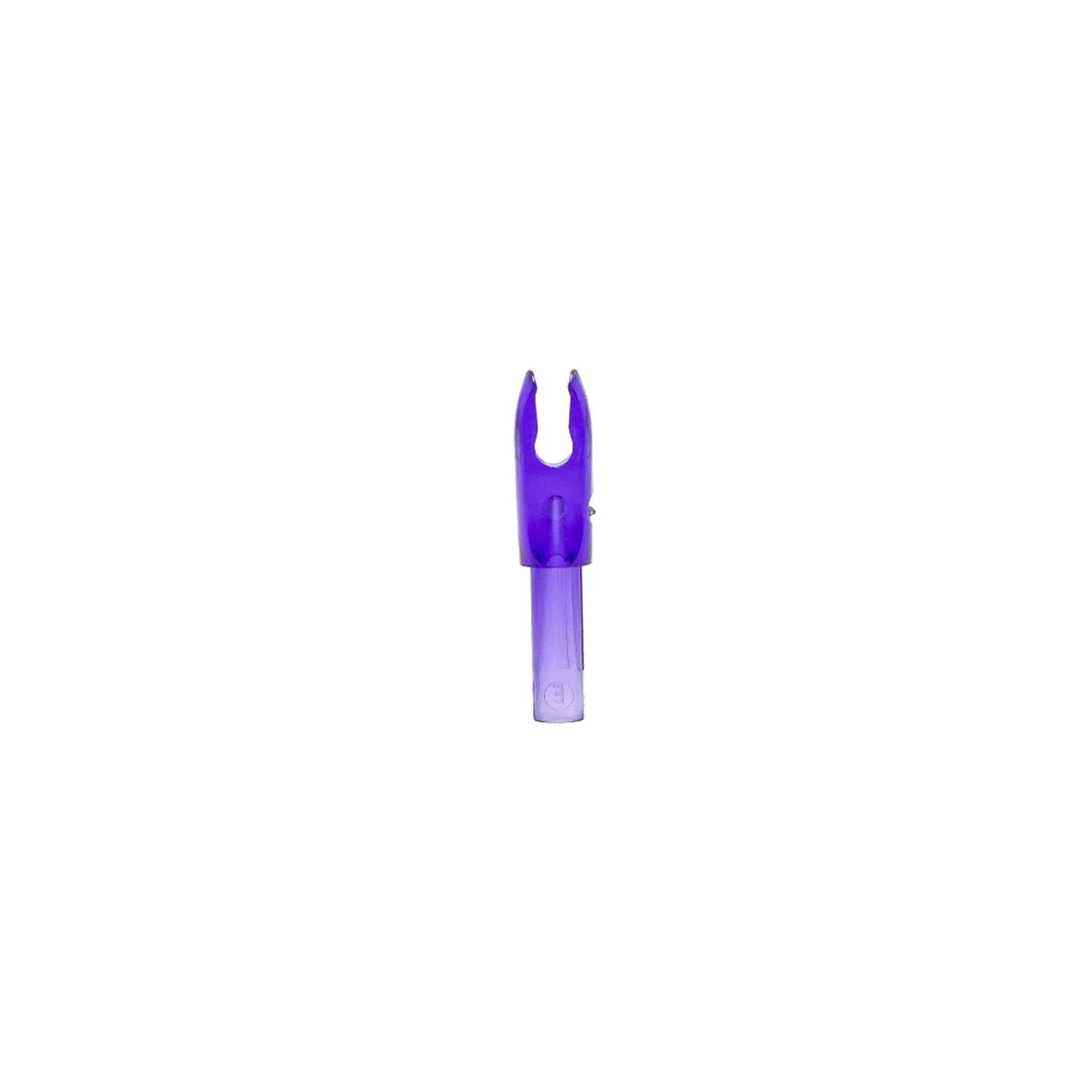 Purple plastic arrow nock on white background, archery accessory