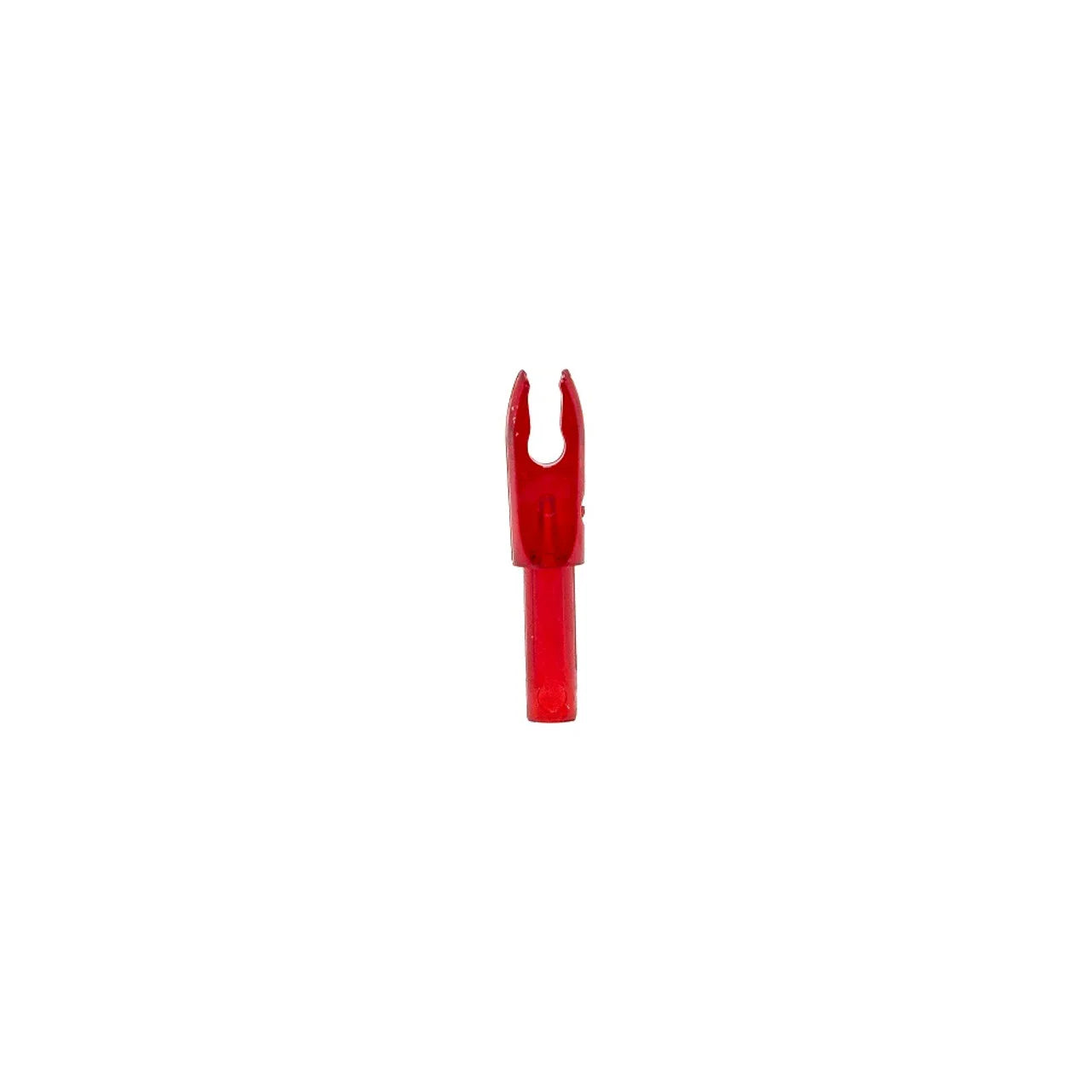 Red plastic arrow nock on white background, archery accessory