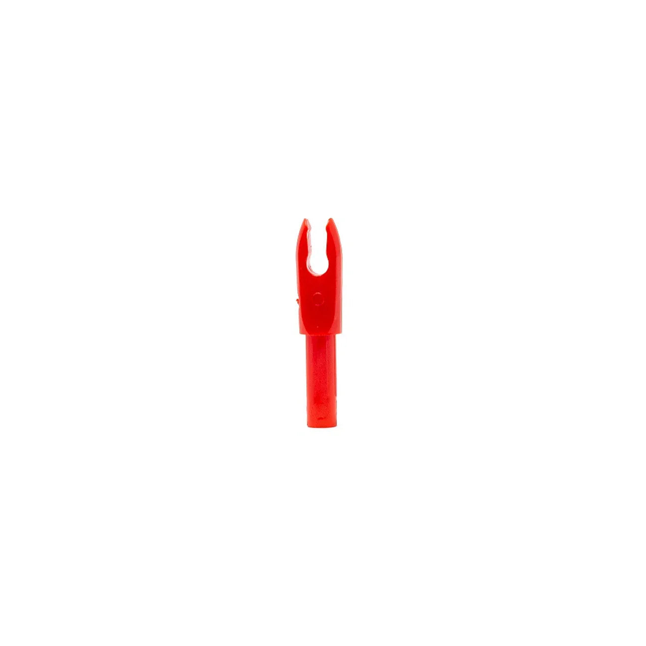Red plastic arrow nock on white background, archery accessory close-up