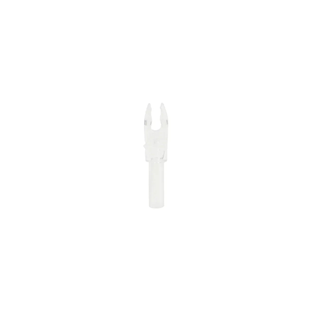 Clear plastic arrow nock on white background, archery accessory product photo