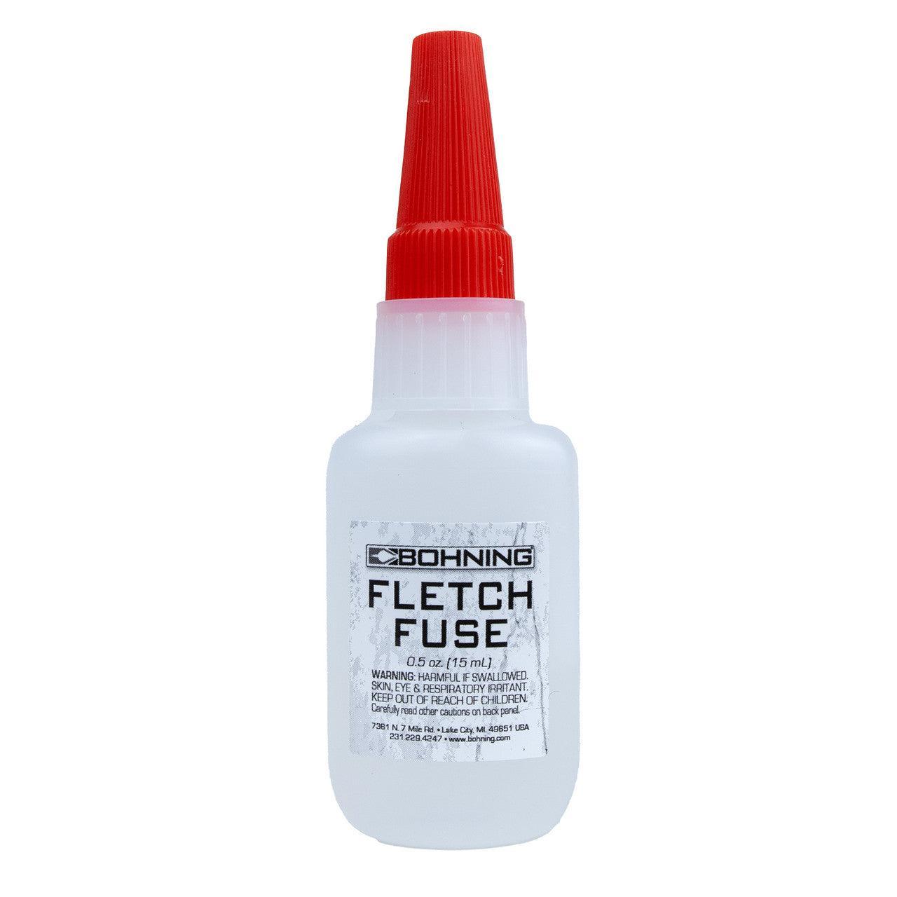 Bohning Fletch Fuse archery glue bottle with red cap on white background