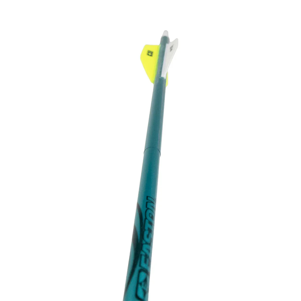 Teal Easton arrow with yellow and white fletching on white background
