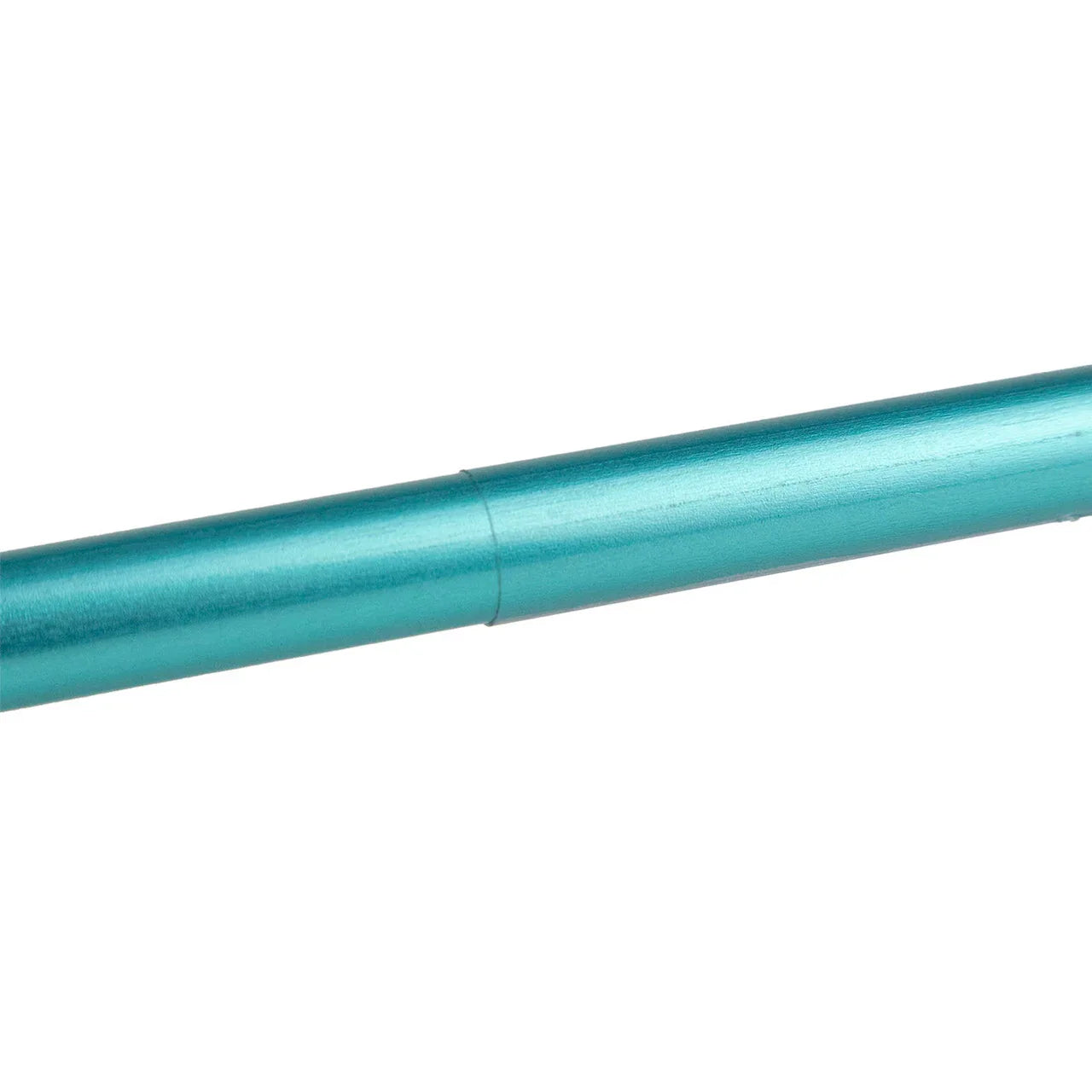 Close-up of teal metallic arrow shaft with seamless clear wrap on white background