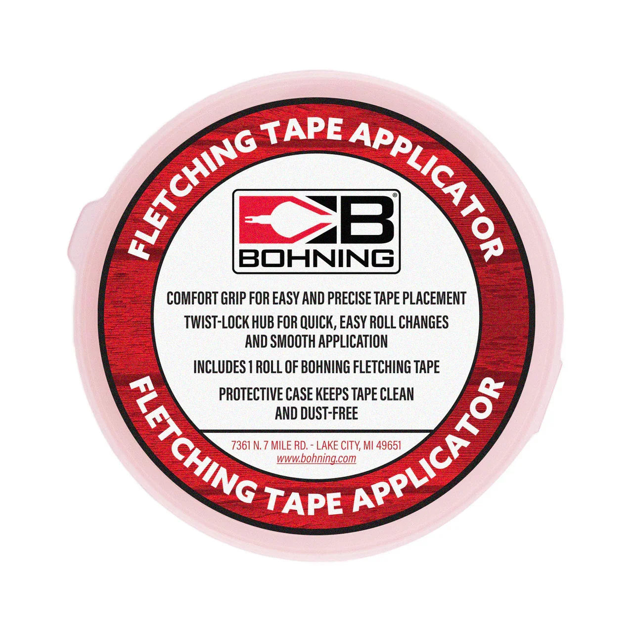 Bohning fletching tape applicator round case with red label and product information