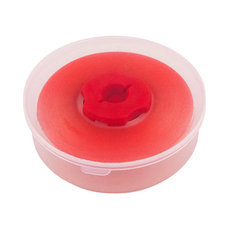 Red fletching tape roll in a clear plastic dispenser on a white background