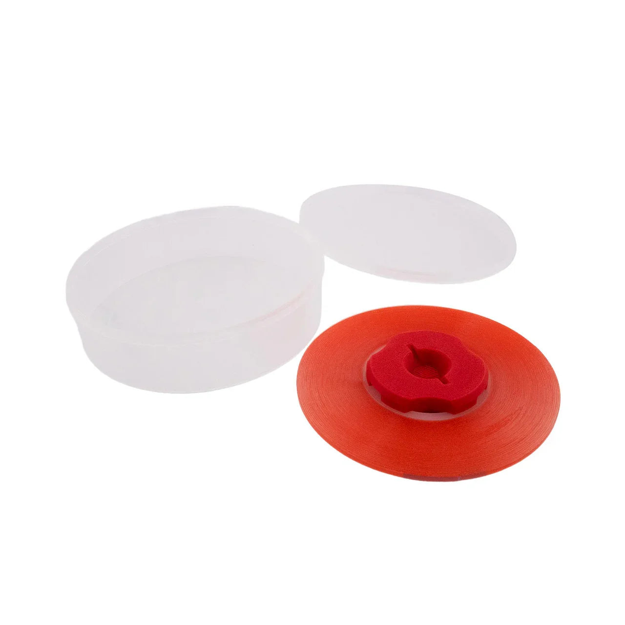 Red fletching tape roll with clear plastic case for archery arrow vanes