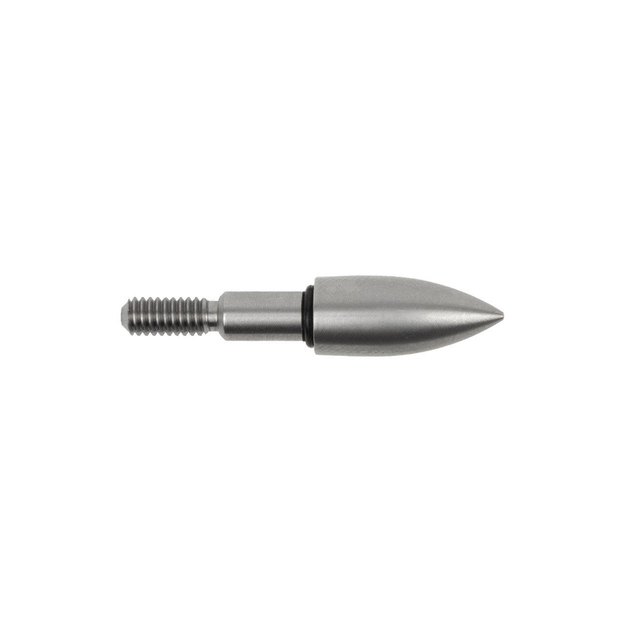 Silver steel arrow field point with threaded base on white background