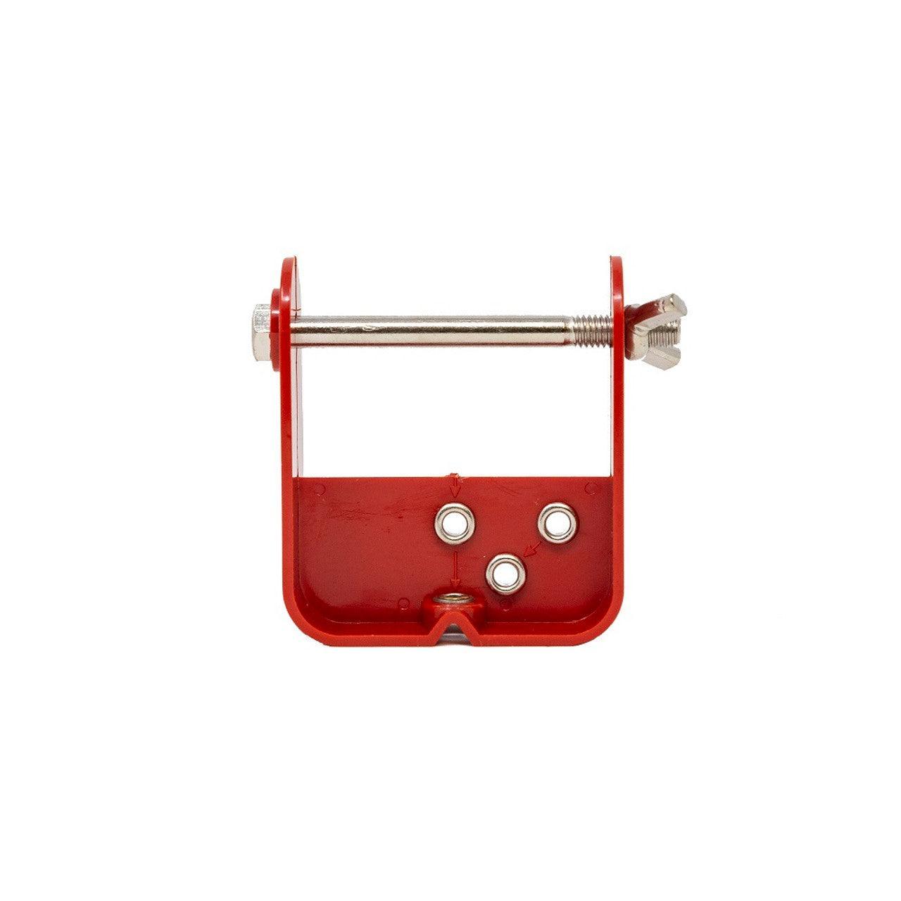 Red metal bracket with three holes and a silver bolt for mounting or securing equipment