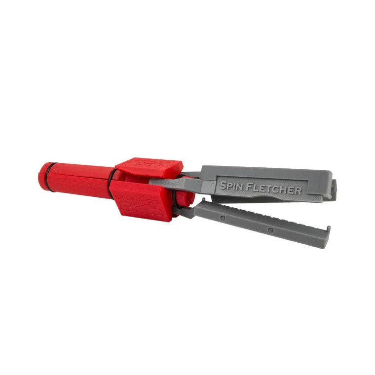 Red and gray Spin Fletcher arrow fletching tool on white background