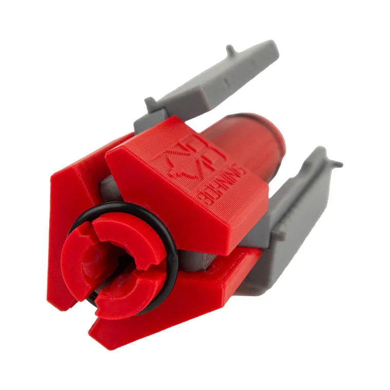 Red and gray SpinFletch arrow fletching jig tool on white background