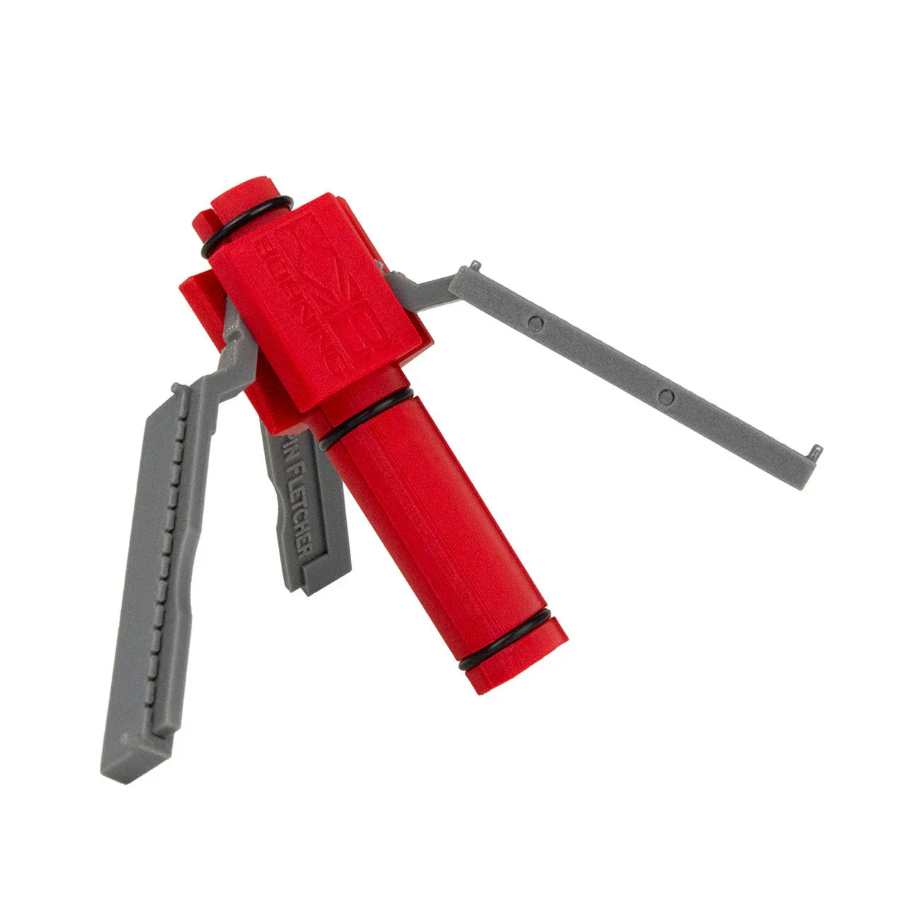 Red and gray Spin Fletcher arrow fletching tool standing upright on white background