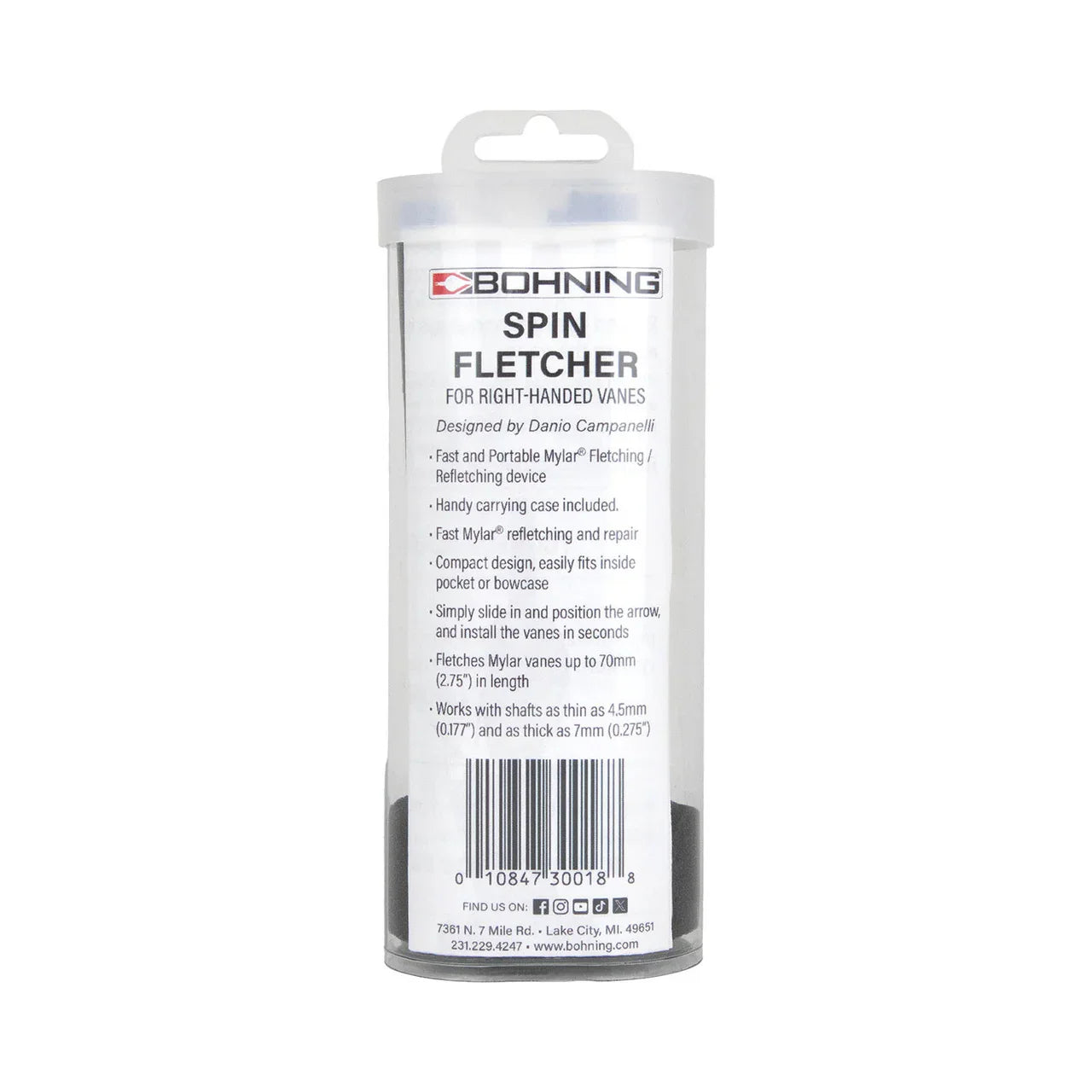 Bohning Spin Fletcher package back with product details and barcode for archery fletching tool