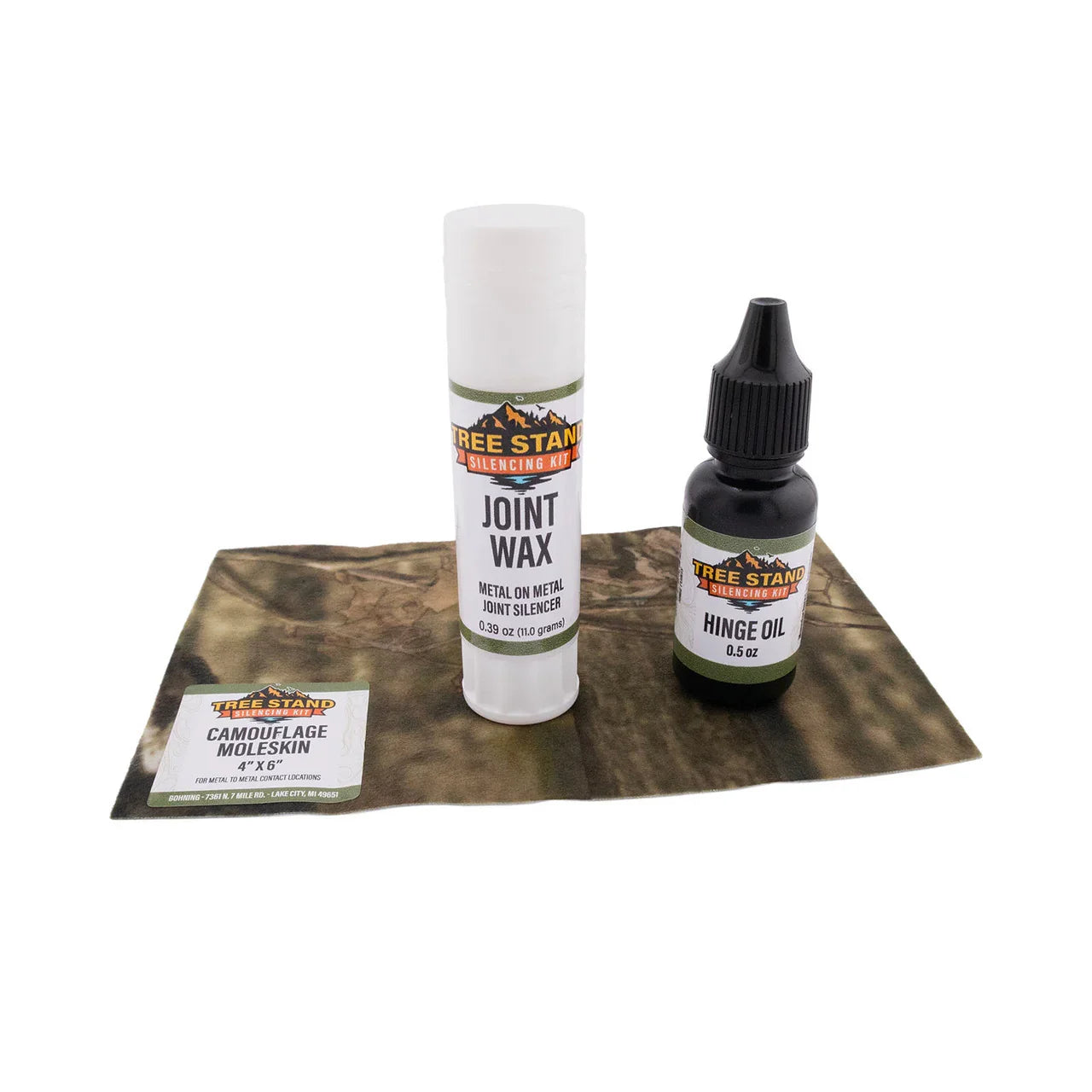 Treestand silencing kit with joint wax, hinge oil, and camouflage moleskin cloth