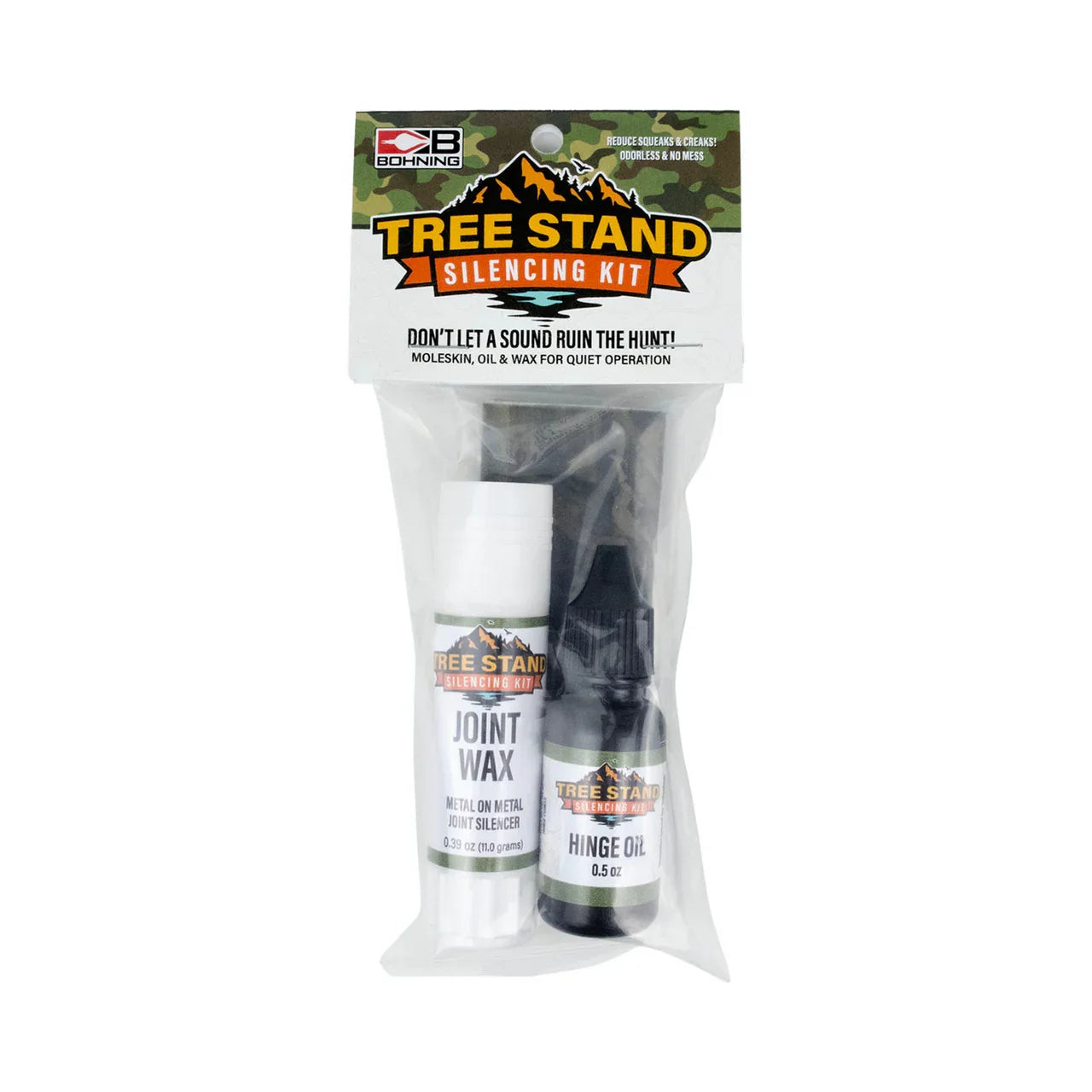 Tree Stand Silencing Kit package with joint wax and hinge oil in clear bag