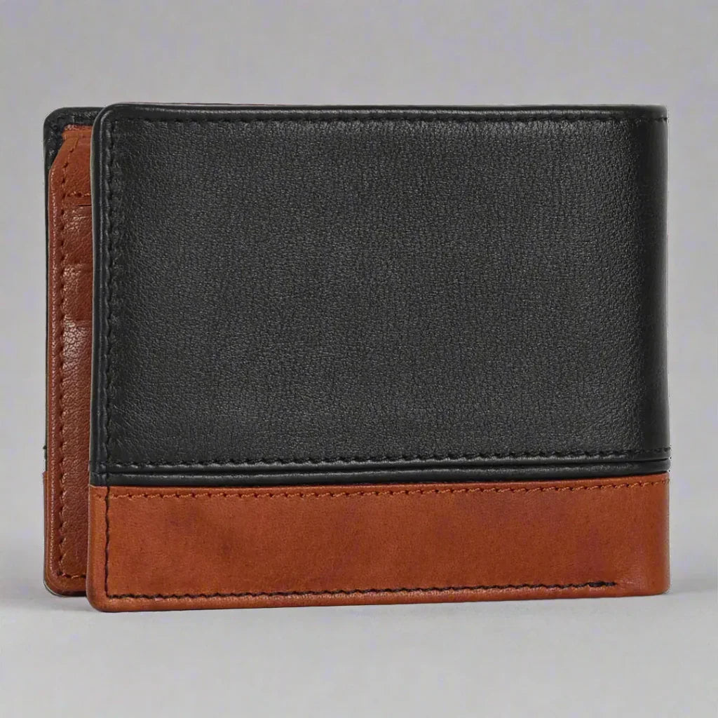 Black and brown leather bifold wallet on gray background