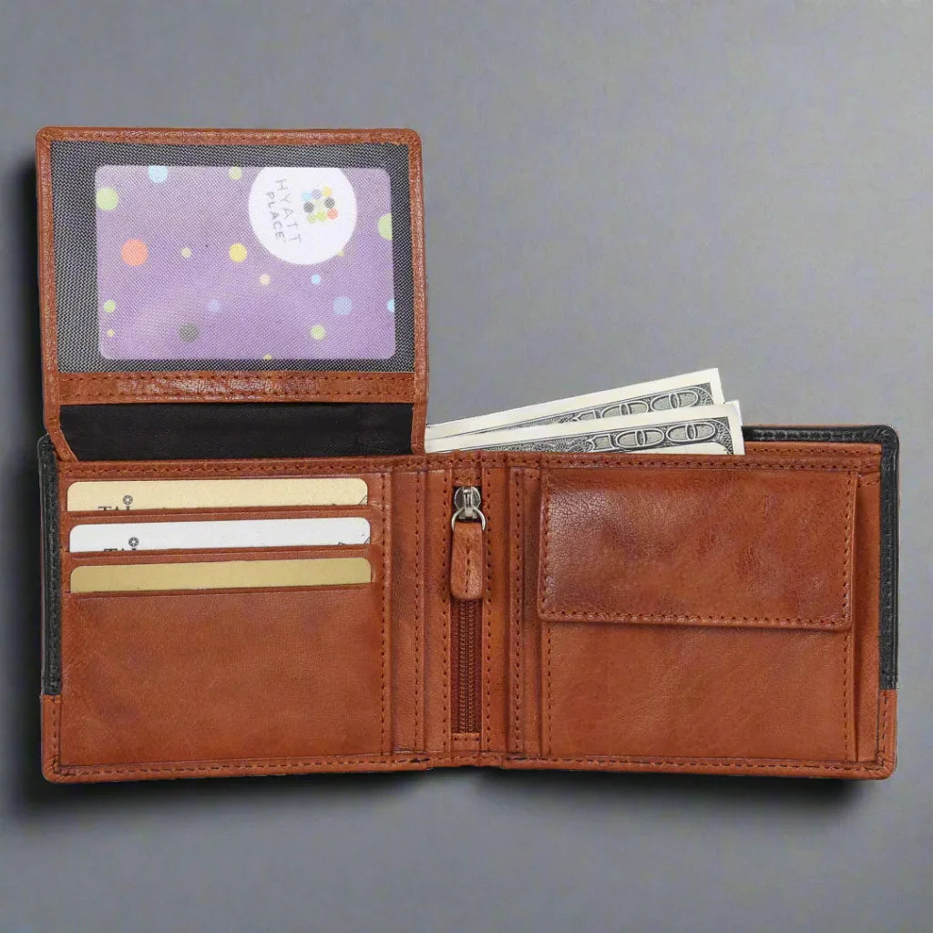 Open brown leather wallet with card slots, cash, ID window, and zipper pocket on gray background