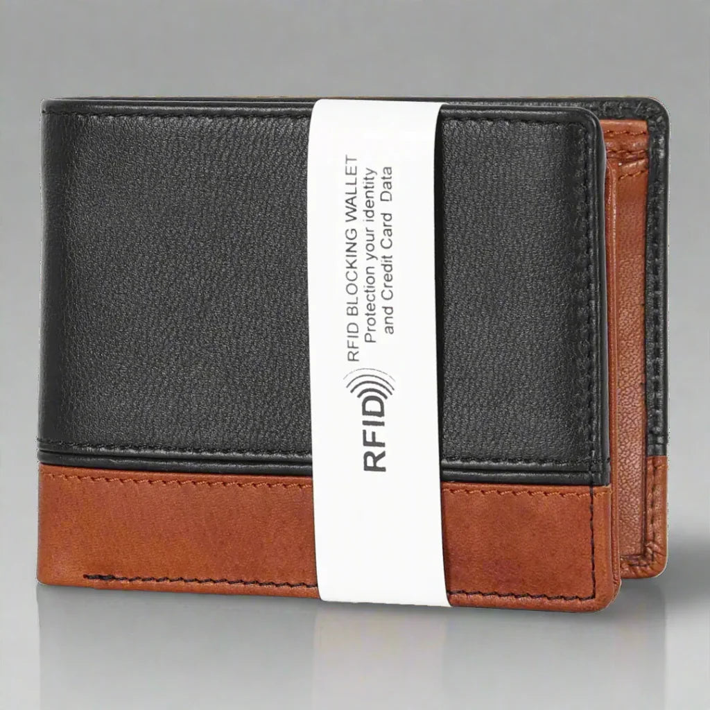 Black and brown RFID blocking leather wallet with security band, front view