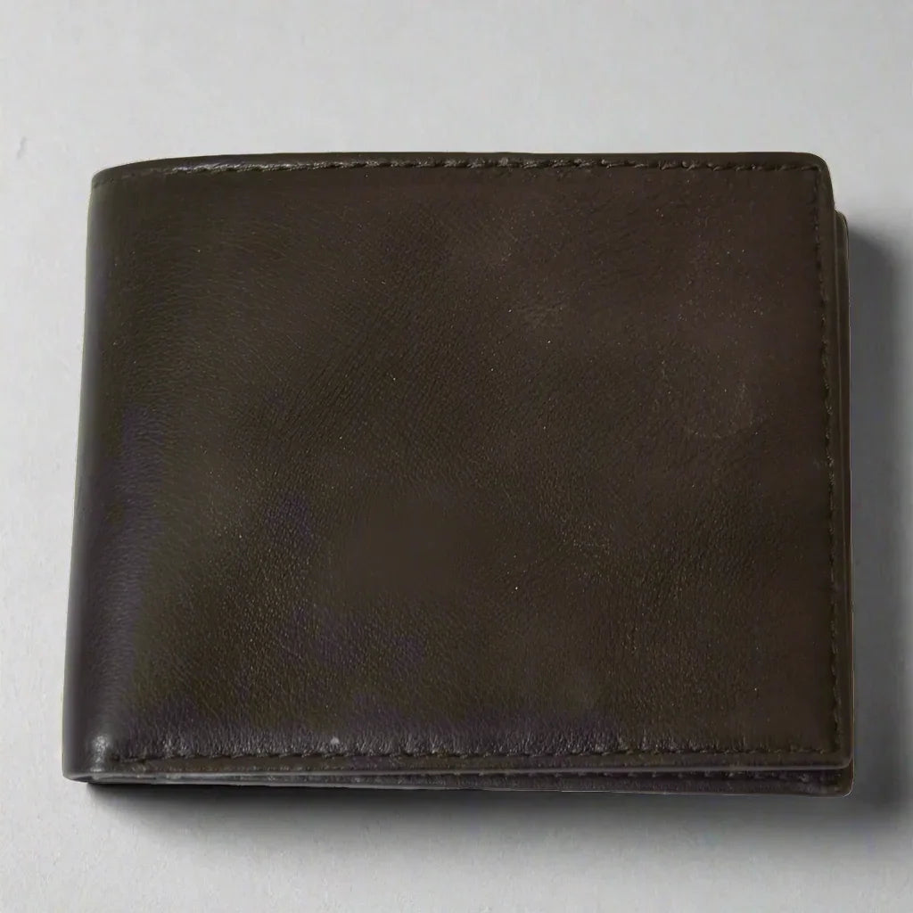Men's bifold leather wallet in dark brown on a light background