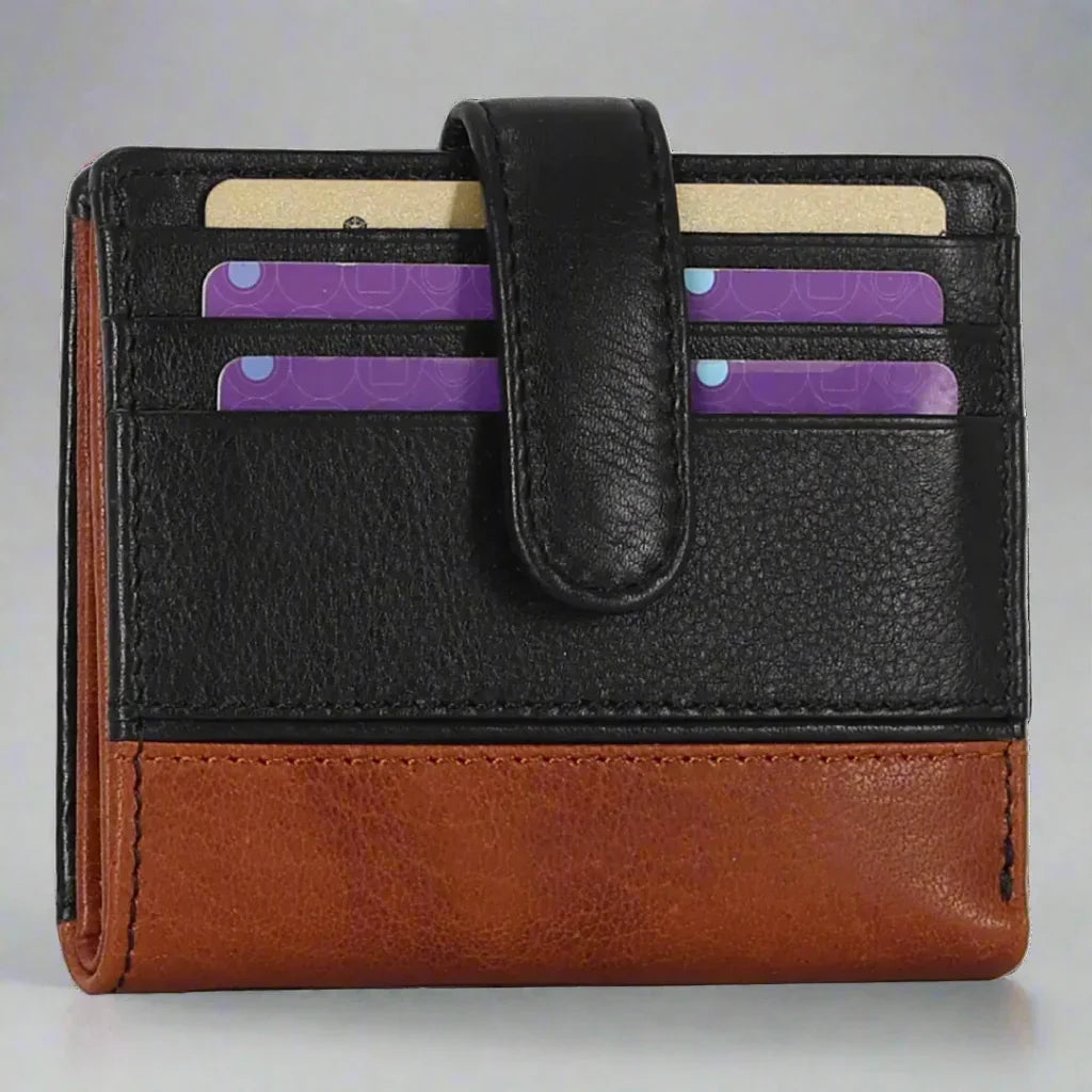 Black and brown leather wallet with card slots filled, front view