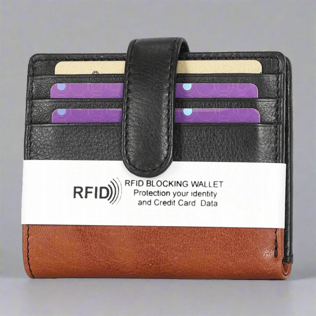 Black and brown RFID blocking leather wallet with credit card slots and security label
