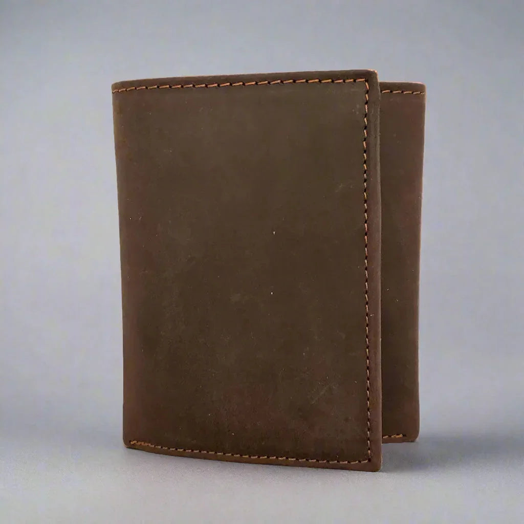 Men's brown leather trifold wallet with RFID protection, standing on neutral background