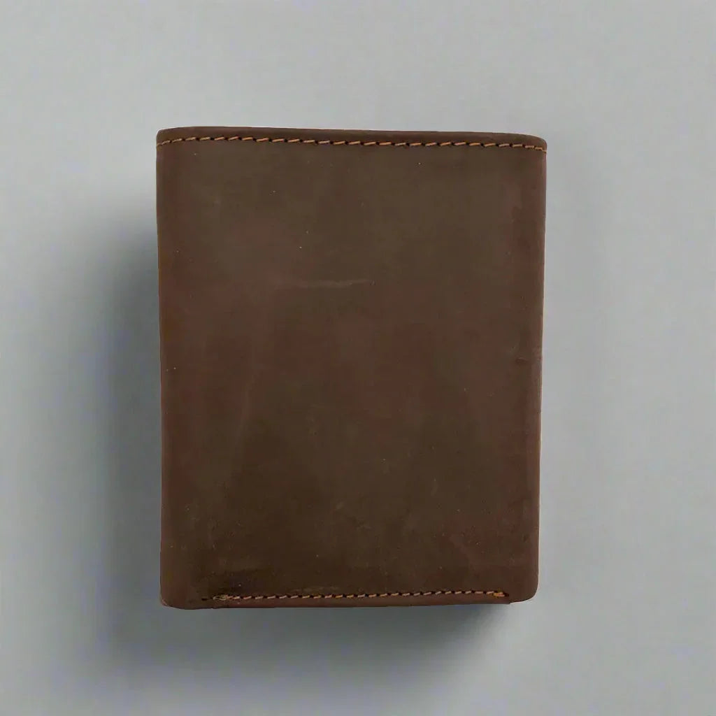 Brown leather men's trifold RFID wallet with visible stitching on a plain background
