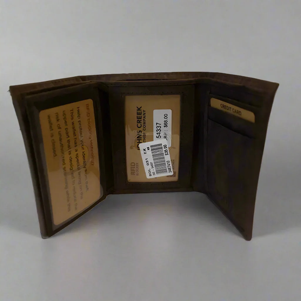Men's trifold leather RFID wallet open with card slots and clear ID window.