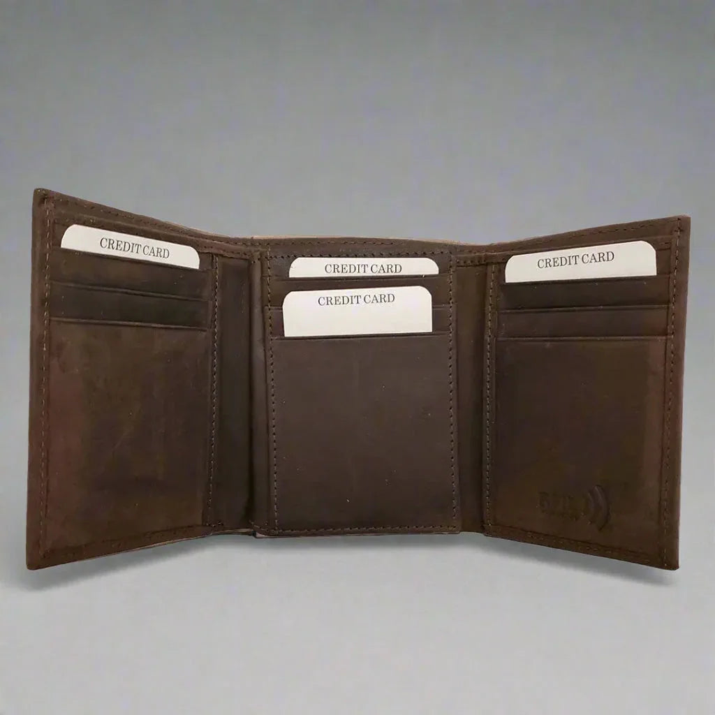 Men's brown leather RFID trifold wallet open, showing card slots and credit cards.