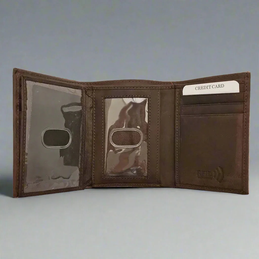 Men's brown trifold leather RFID wallet open with card slots and clear ID windows