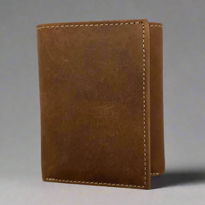 Brown leather men's trifold RFID wallet with visible stitching on a plain background