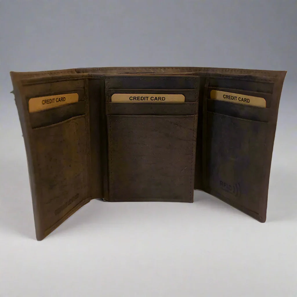 Men's brown leather RFID trifold wallet with multiple card slots open on display