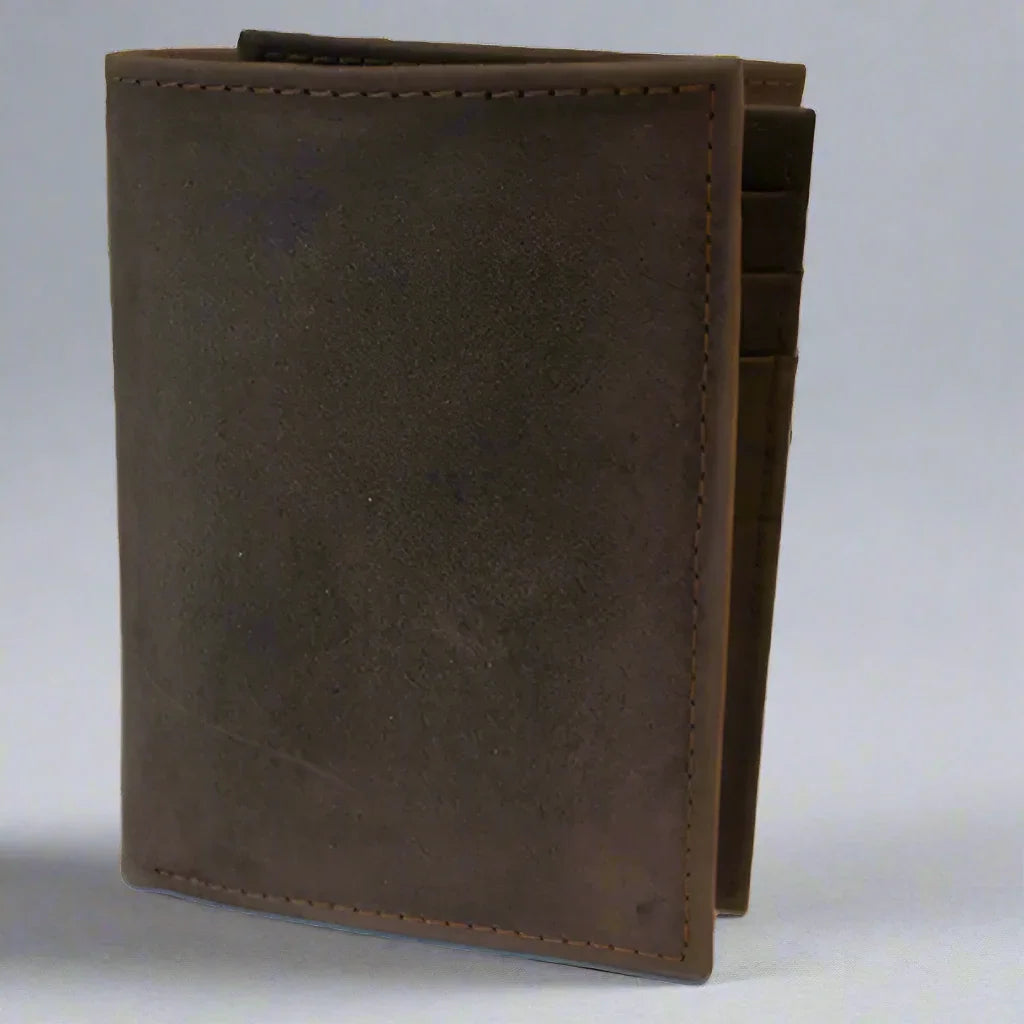 Men's brown leather RFID trifold wallet standing on light surface, plain front view
