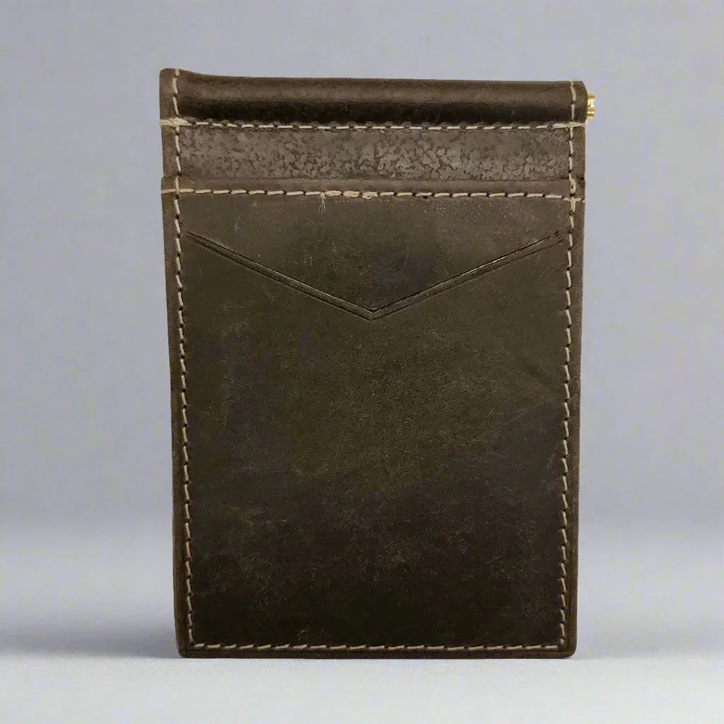 Men's distressed leather money clip wallet with front pocket, brown stitching, on gray background