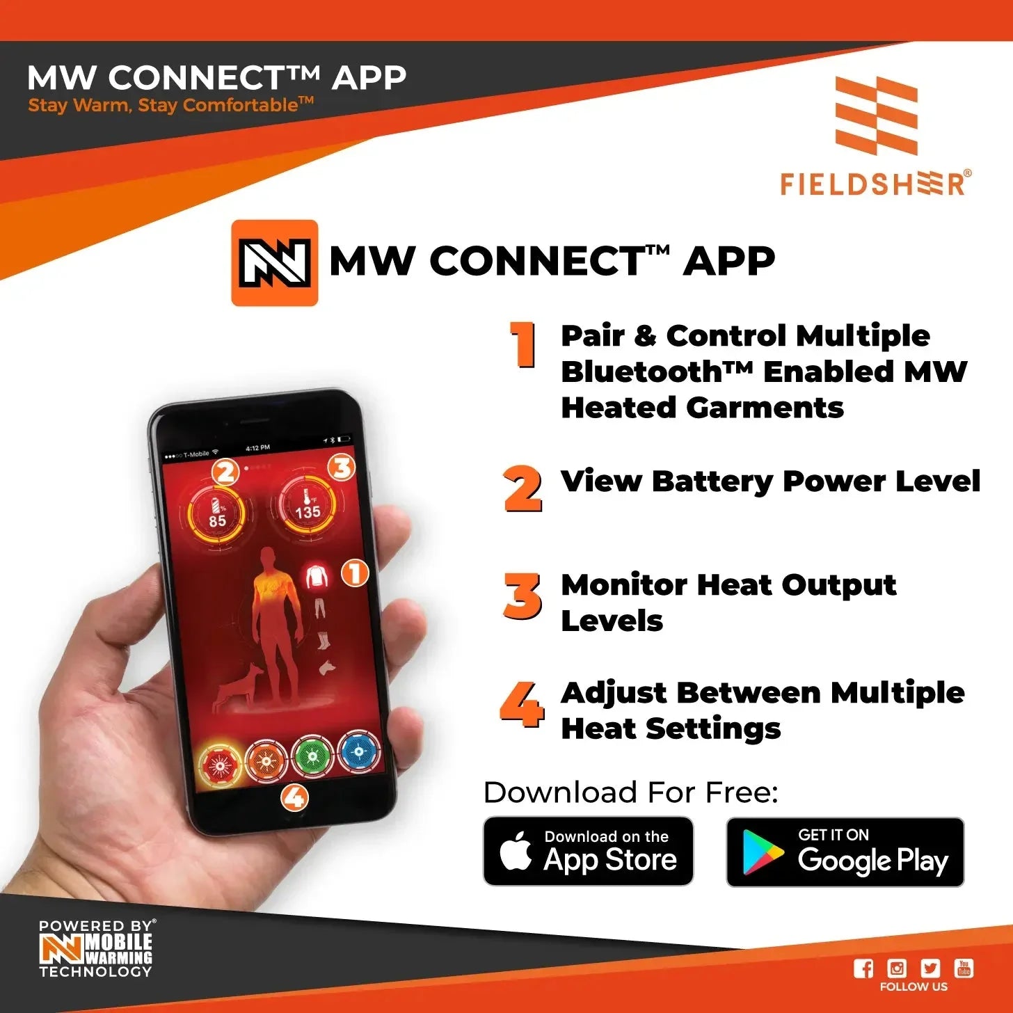 Hand holding smartphone using MW Connect app to control Fieldsheer heated garments.
