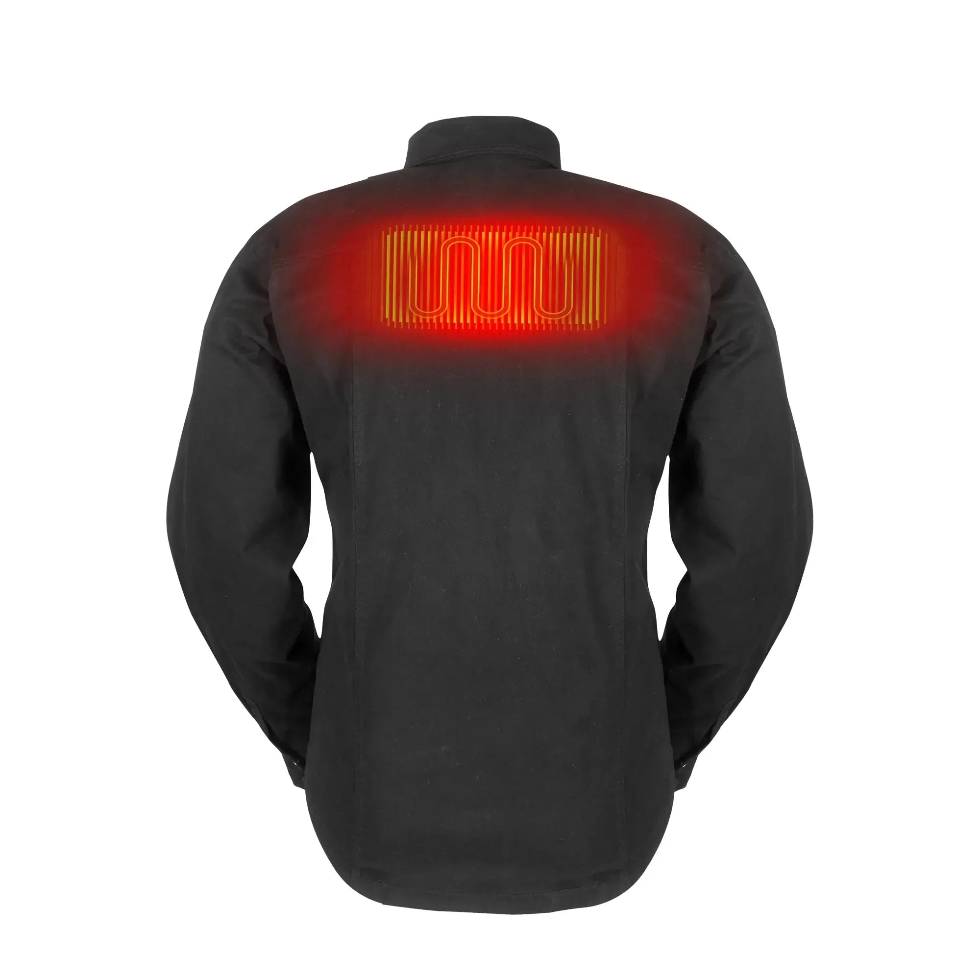 Men's black heated motorcycle jacket with visible back heating element glowing red