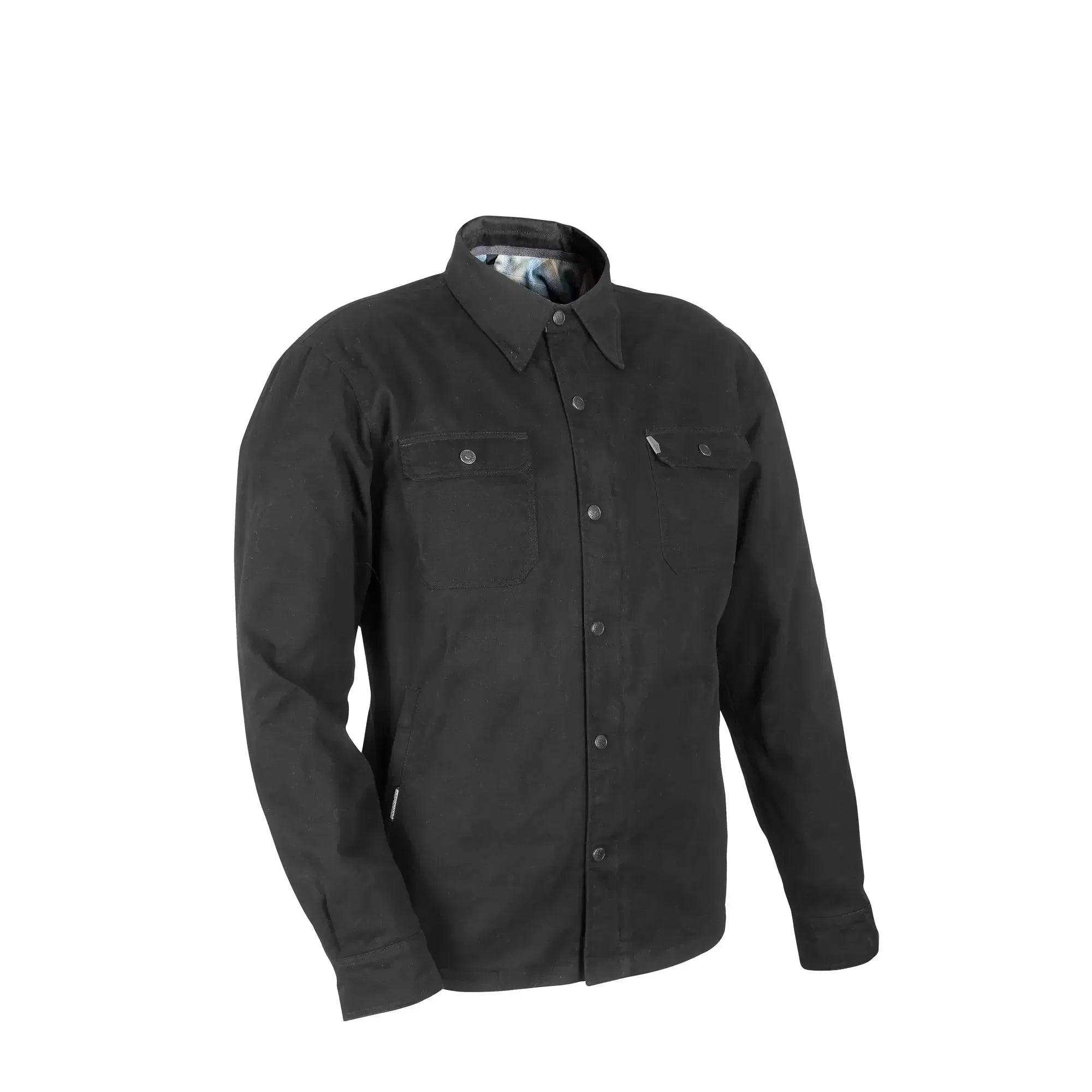 Black men's heated motorcycle jacket with button front and chest pockets on white background