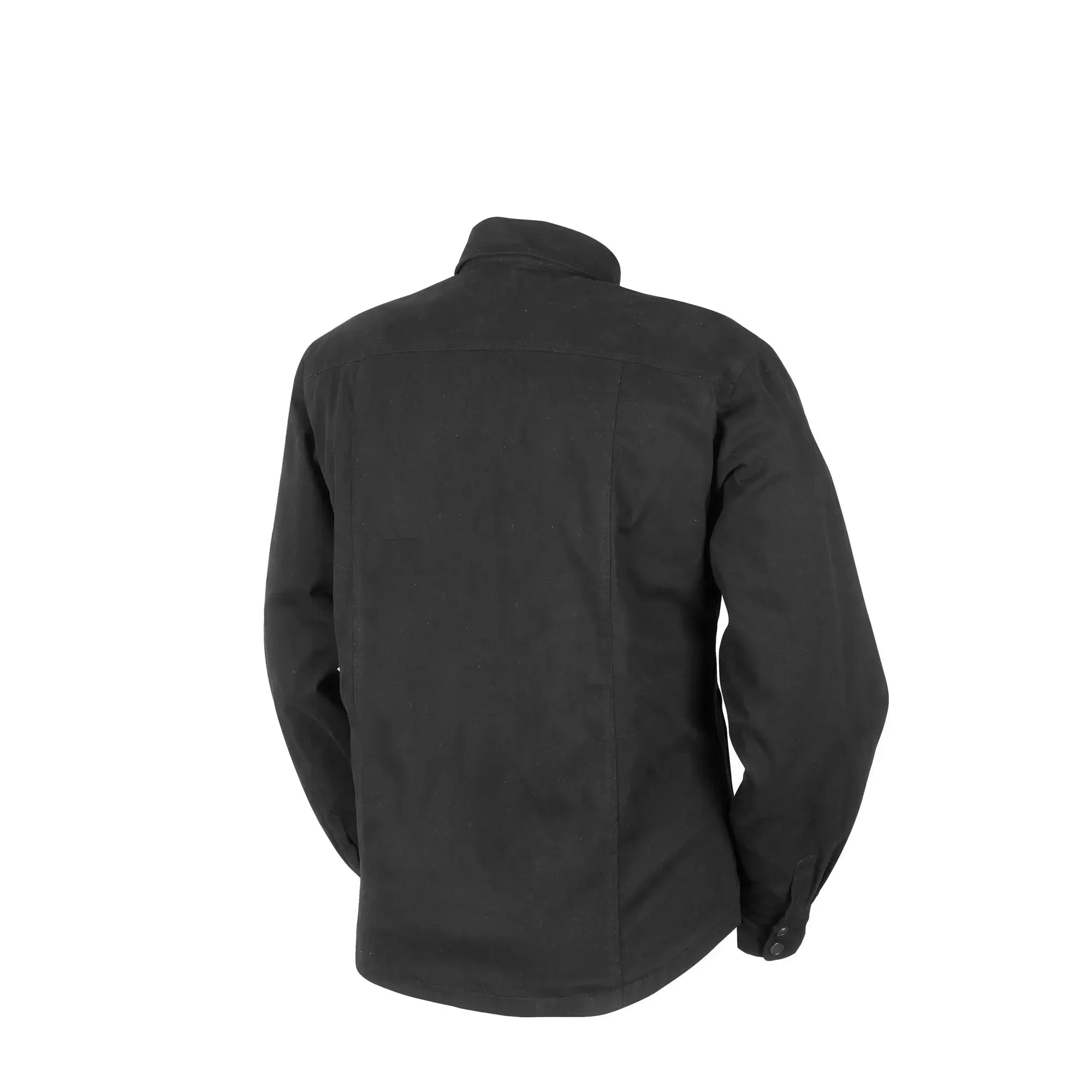 Back view of black men's heated motorcycle jacket on white background