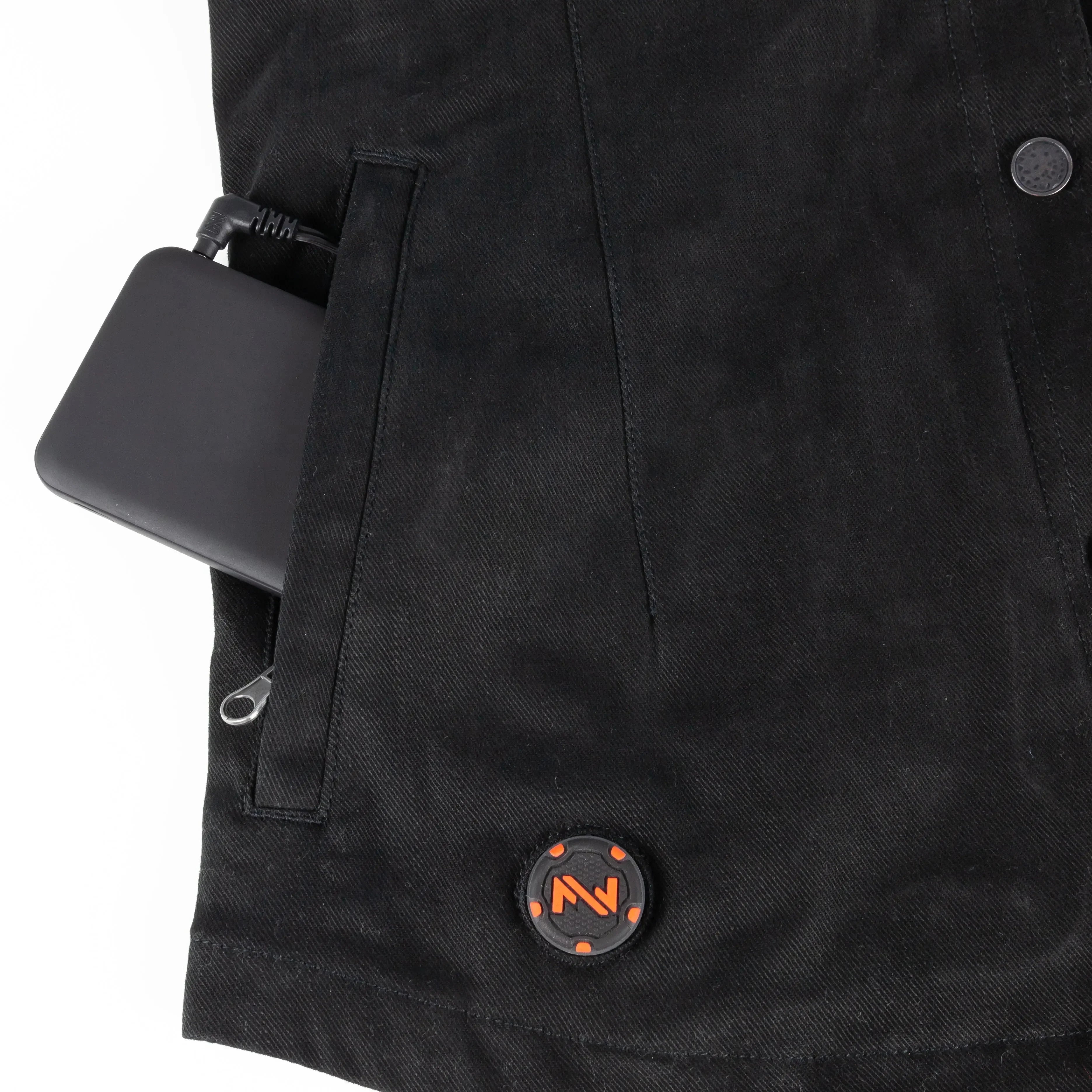 Black heated motorcycle jacket with battery pack in pocket and power button detail