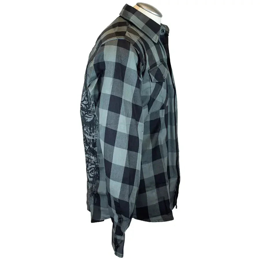 Men's gray and black plaid flannel long sleeve shirt with front chest pocket on mannequin