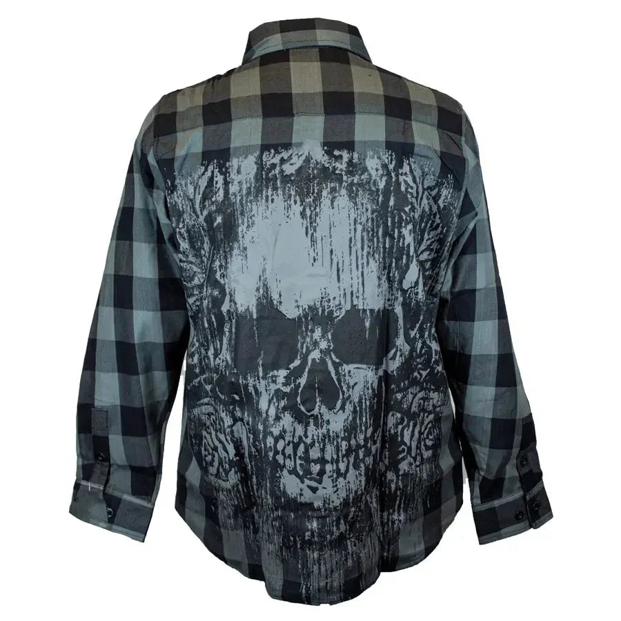 Men's black and gray plaid flannel shirt with large distressed skull graphic on back