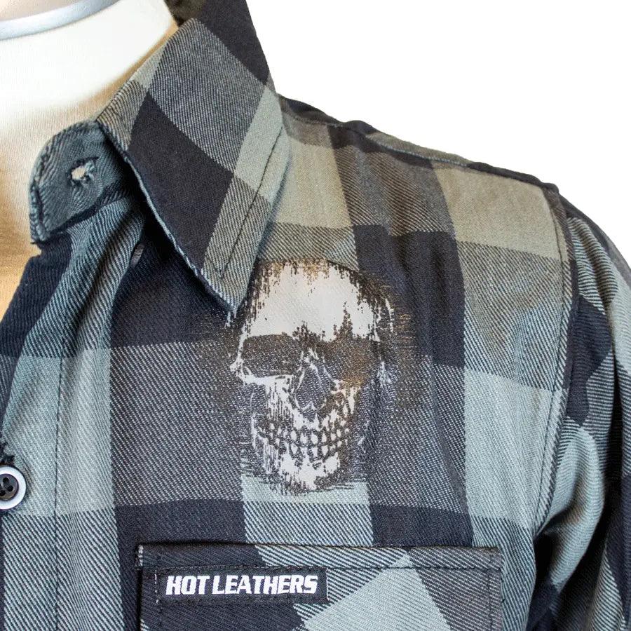 Men's black and gray checkered flannel shirt with skull print and Hot Leathers logo on pocket