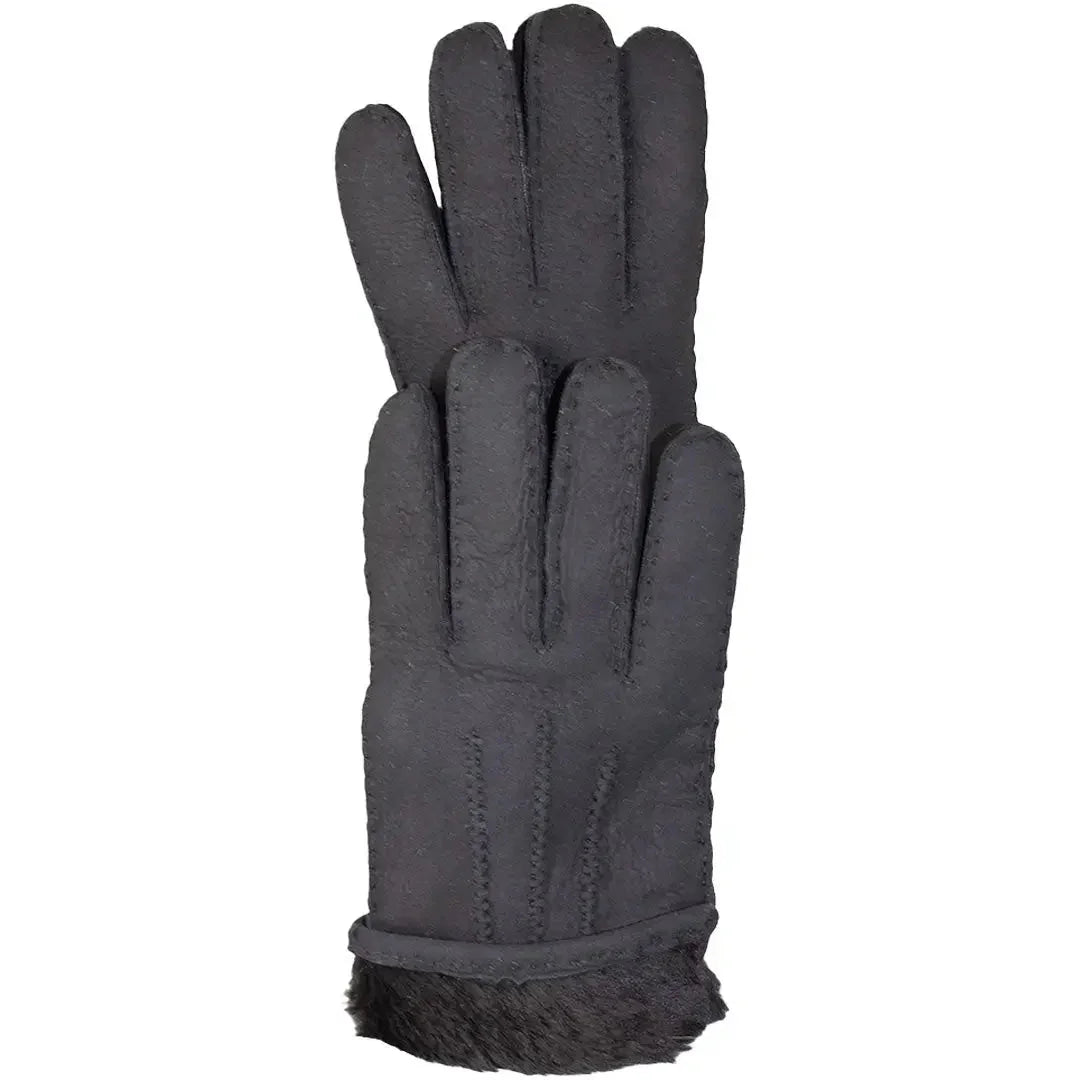 Men's hand-stitched black merino sheepskin gloves with visible fur cuffs