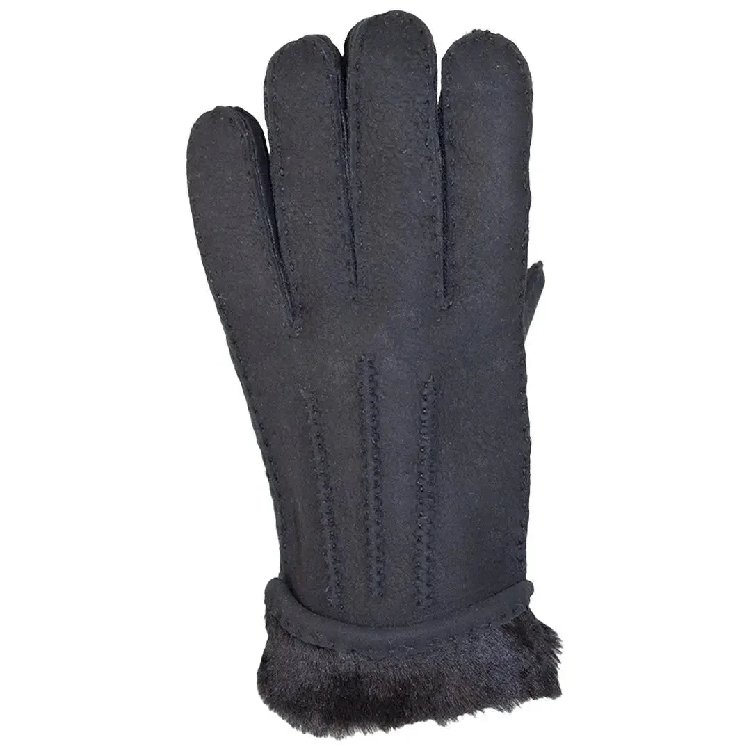 Men’s hand-stitched black merino sheepskin glove with visible fur cuff and detailed seams