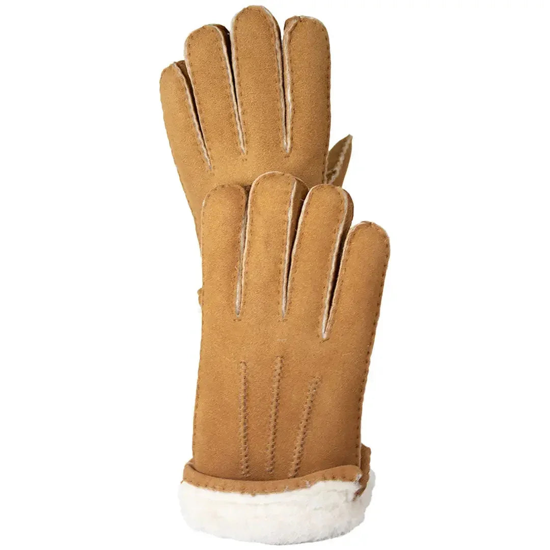 Men's brown hand-stitched merino sheepskin gloves with white fur cuffs on white background