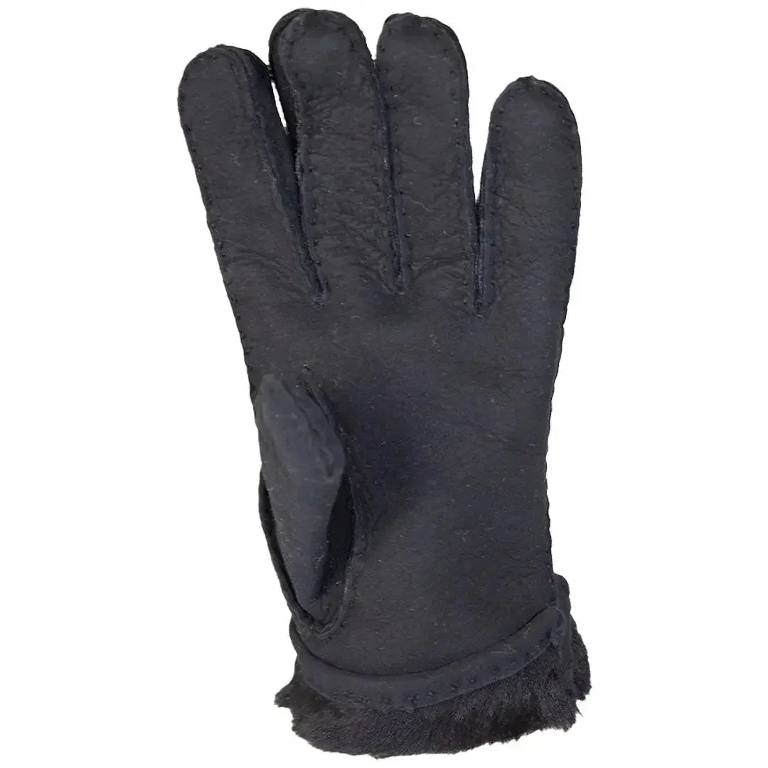 Black men's hand-stitched Merino sheepskin glove with fur trim, isolated on white