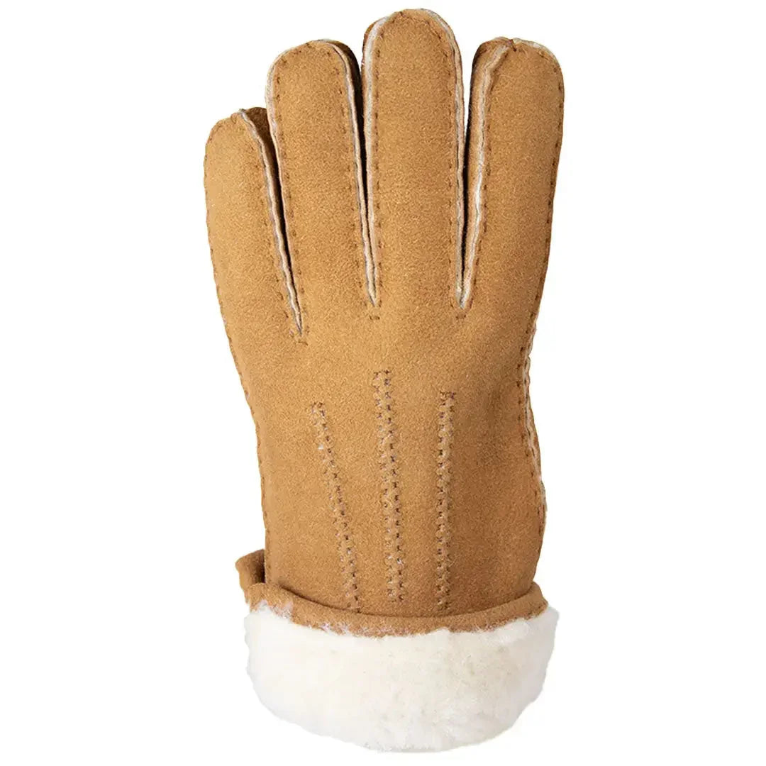 Men's hand-stitched tan Merino sheepskin glove with visible seams and white fleece cuff
