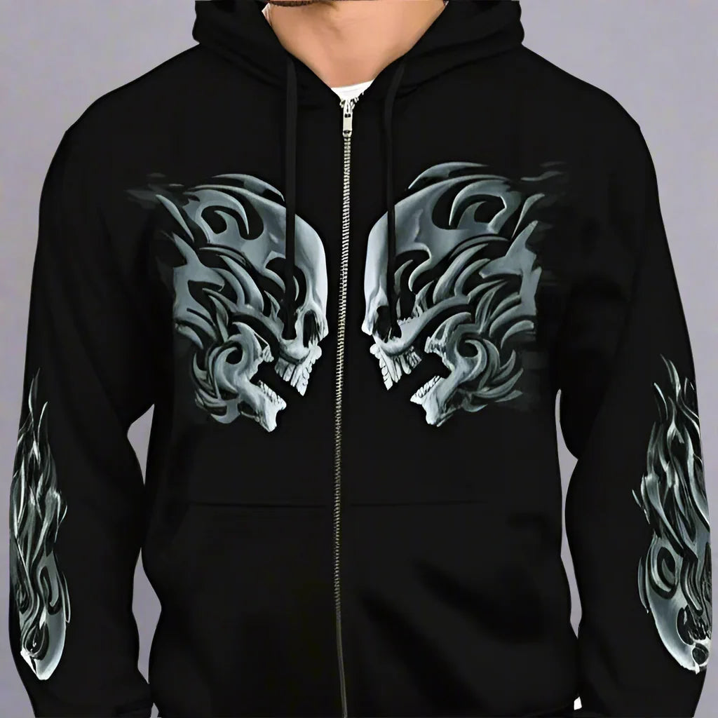 Black zip-up hoodie with silver tribal skull designs on chest and sleeves