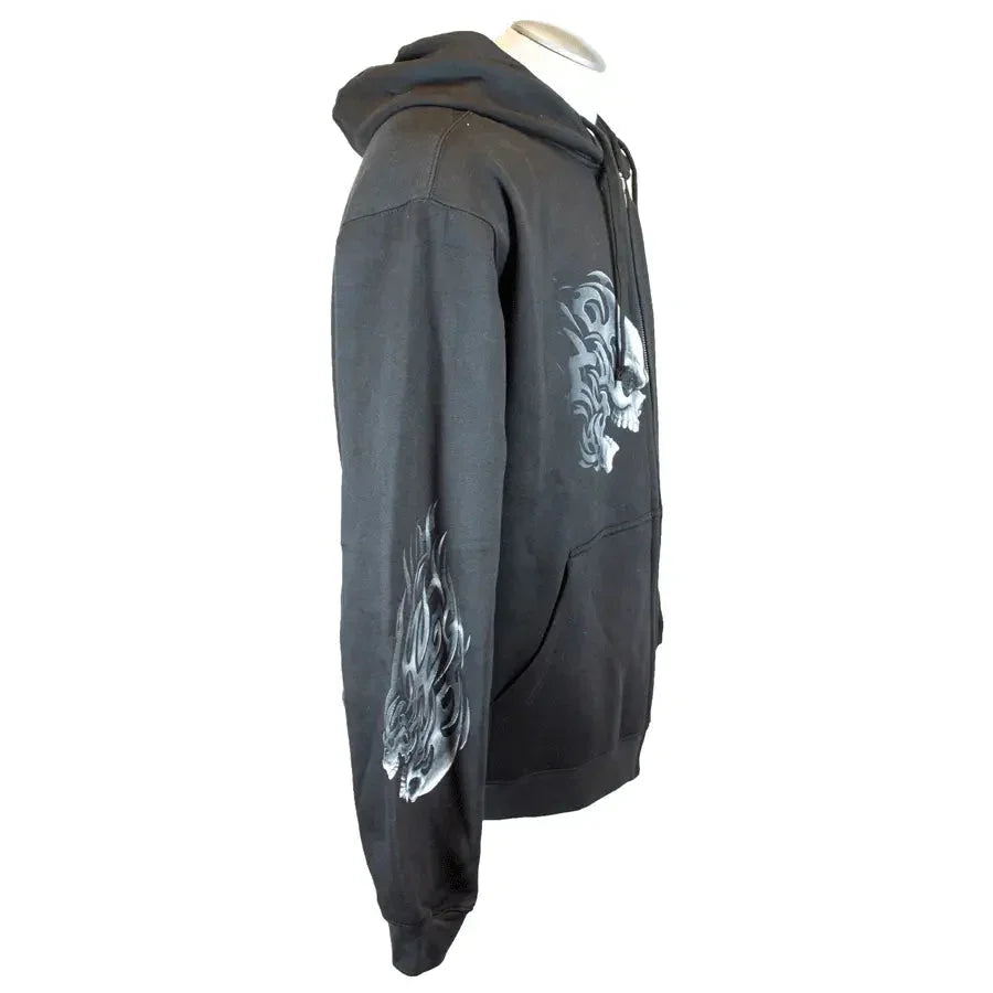 Men's black zip-up hoodie with white skull graphic on chest and sleeve