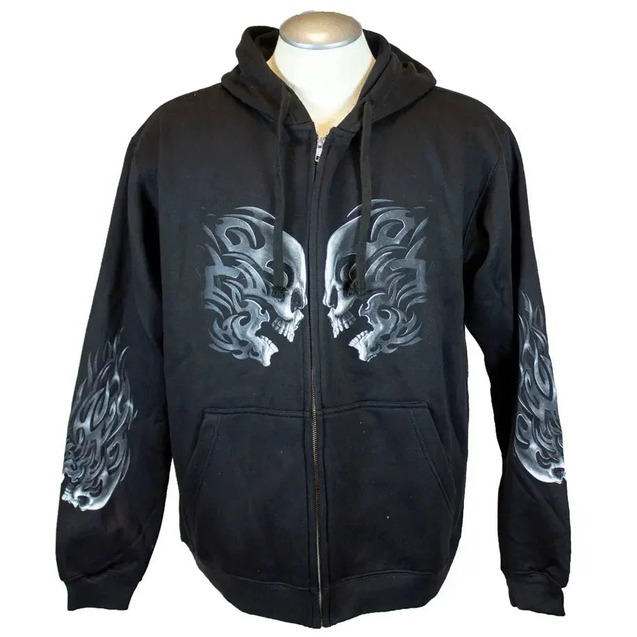 Men's black hoodie with gray head-butting skulls and flame sleeve designs, zipper front